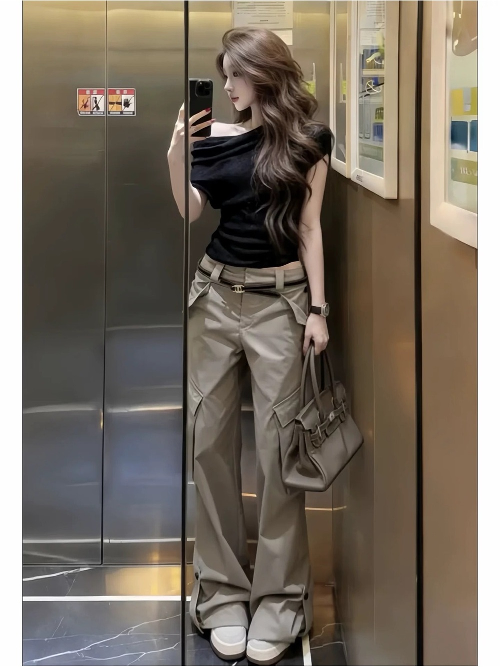 Black Off Shoulder Ruched Top & Khaki Wide Leg Cargo Pants Two Piece Set